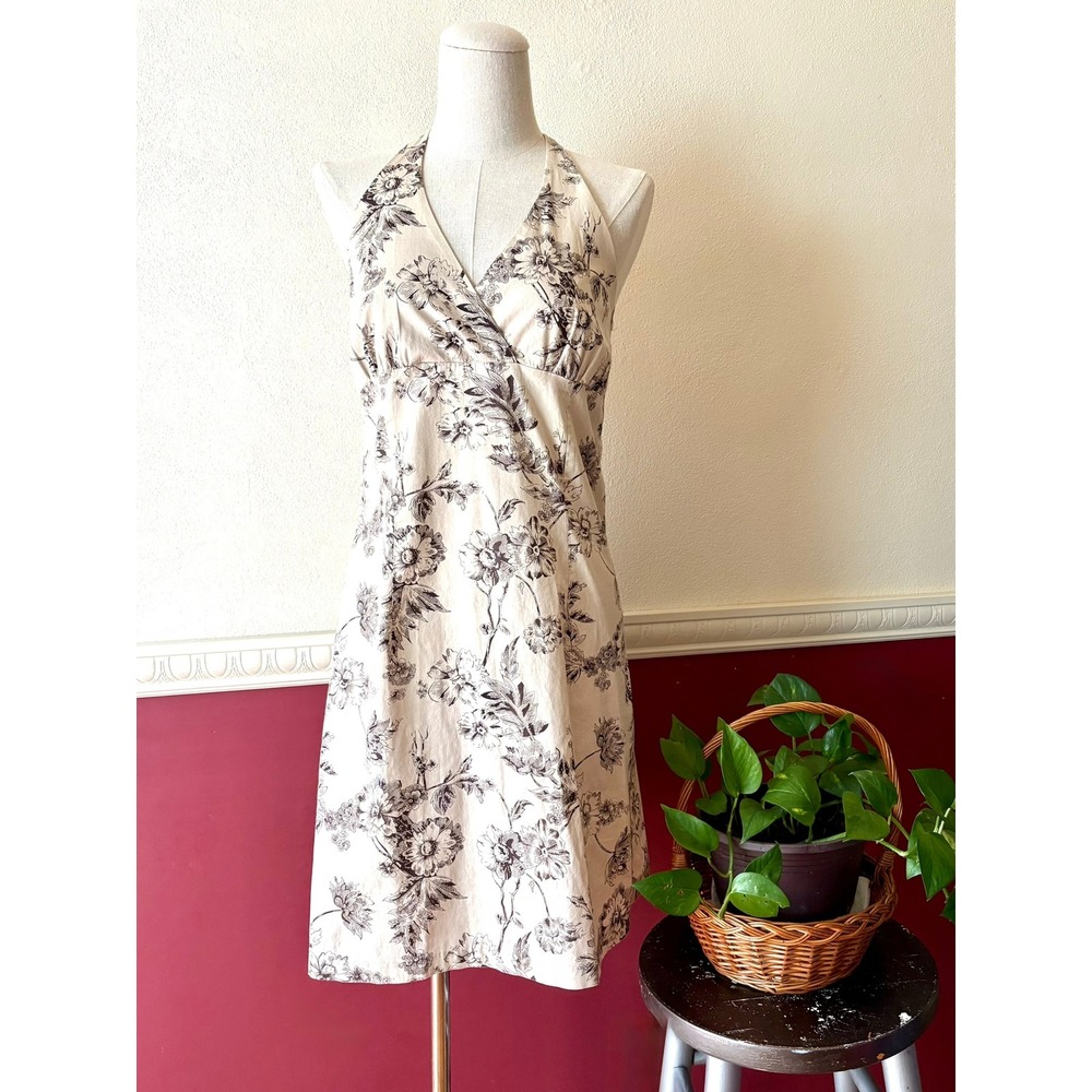 Vintage La Belle Floral Toile Halter Dress Brown Cream Cotton Stretch 7 USA Y2K